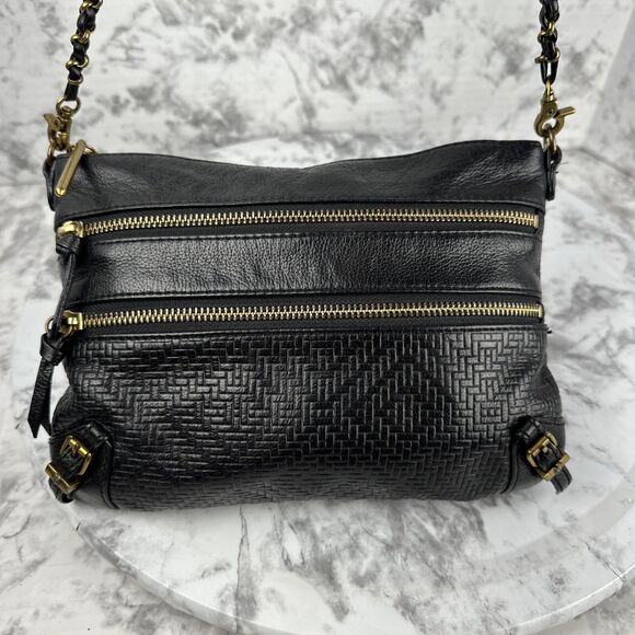 Elliott Lucca Black Leather Crossbody Brass Multi Zipper Pockets Chain Strap - Picture 2 of 10